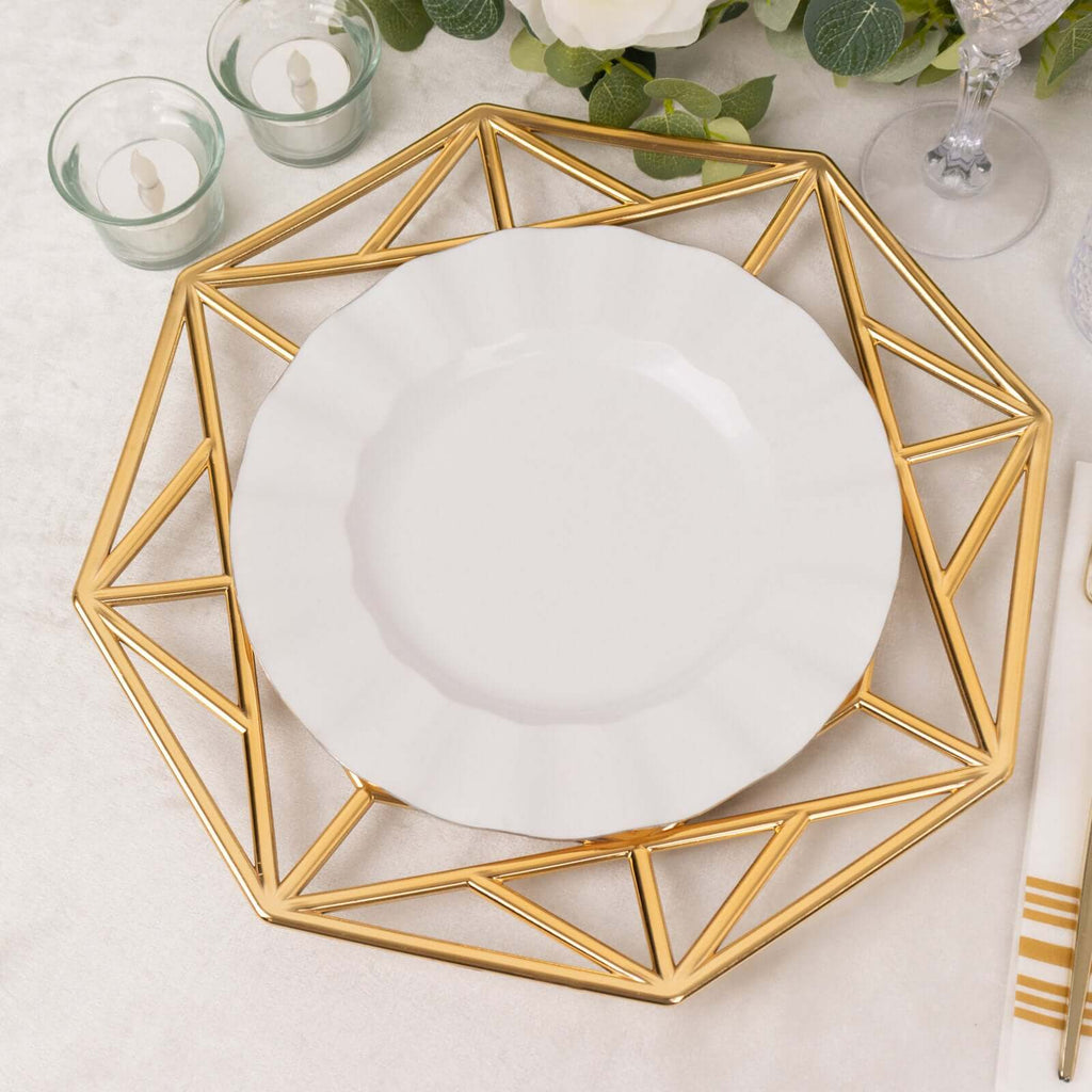 6-Pack Acrylic Charger Plates 13" Octagon Metallic Gold with Hollow Geometric Rim - Plastic Disposable Decorative Chargers